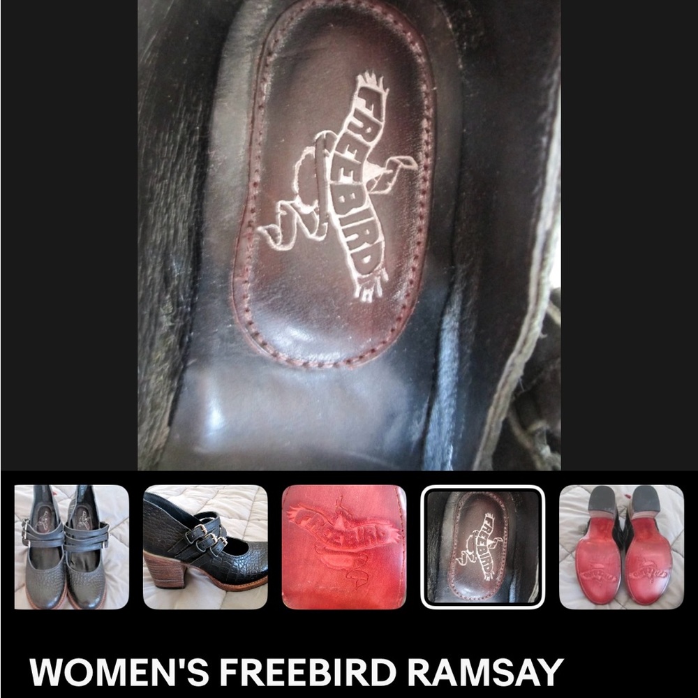 Freebird LEATHER Black Croc-Embossed MARY JANE Heels PUMPS 3 strap LIKE NEW - Picture 6 of 15